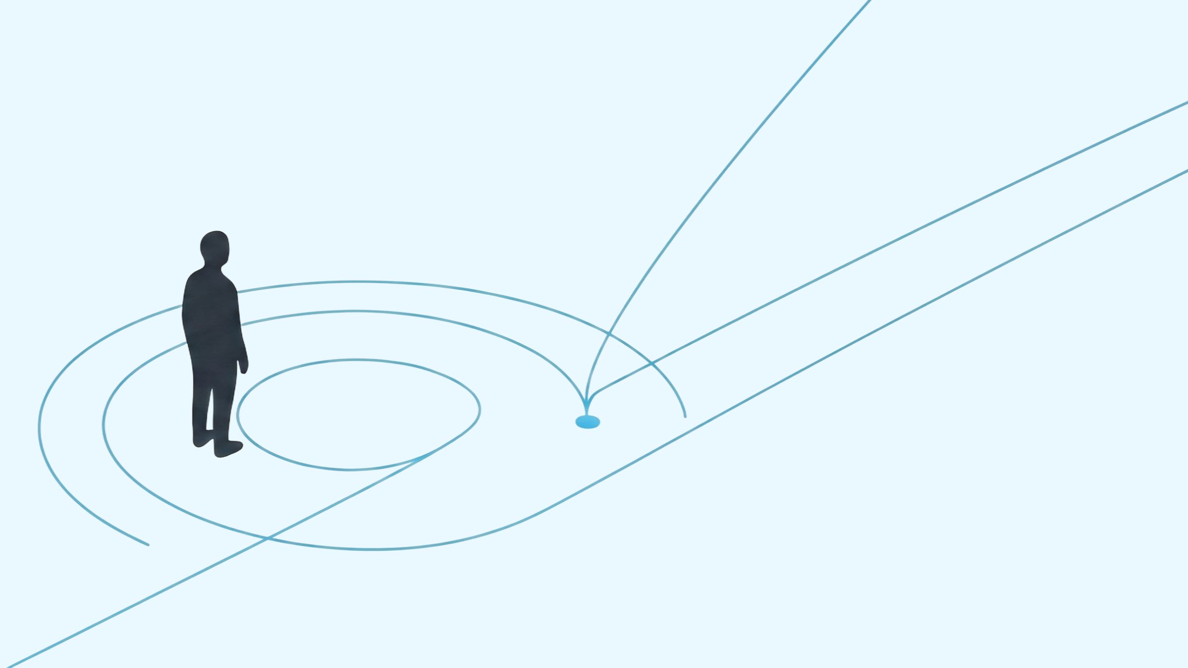 A minimalist illustration showing a human figure standing at the center of a spiral loop, at the precise point where the path splits into two diverging directions.