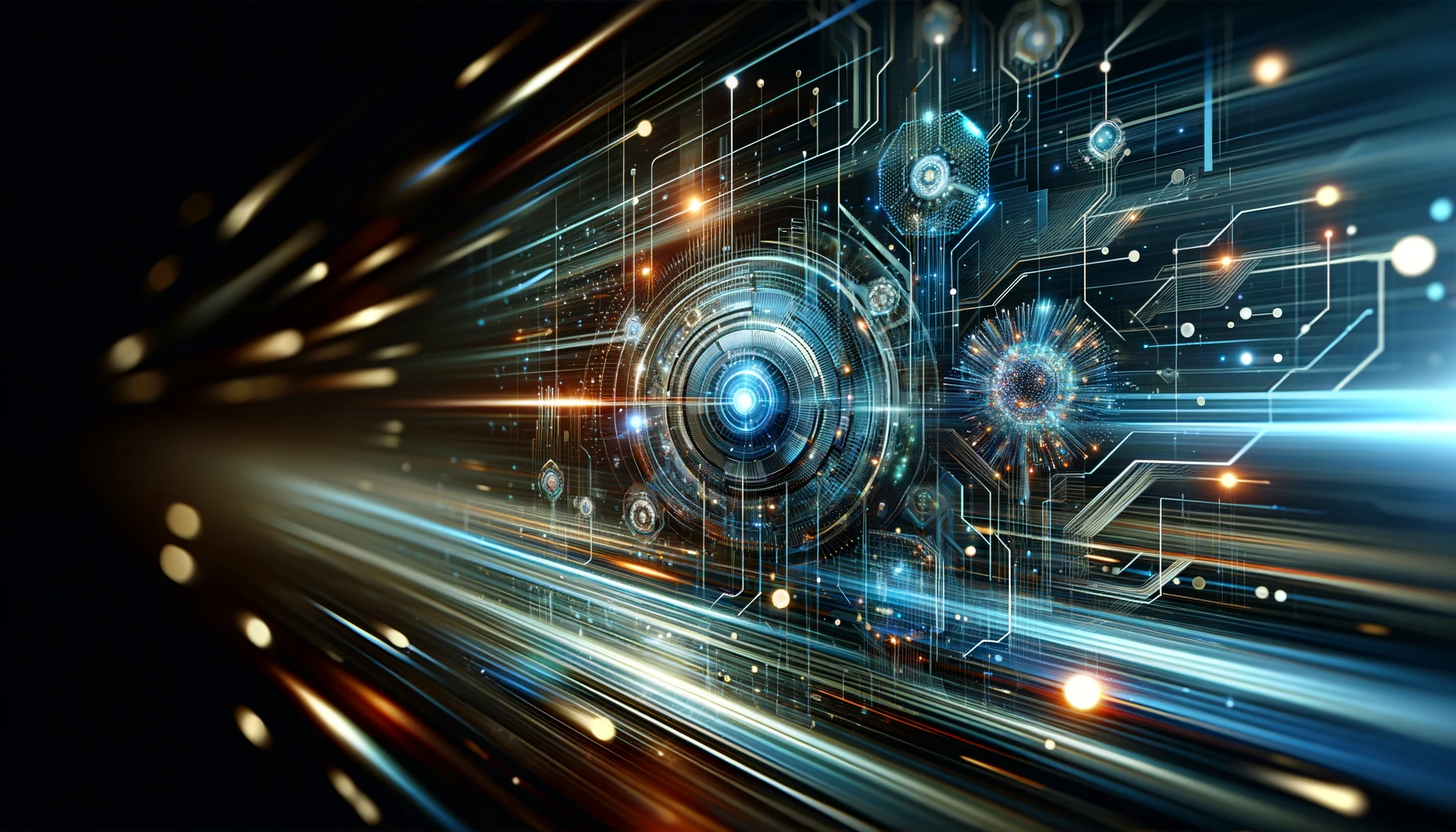 Abstract and dark futuristic tech interface scene, with lots of digital mechanisms and lights.