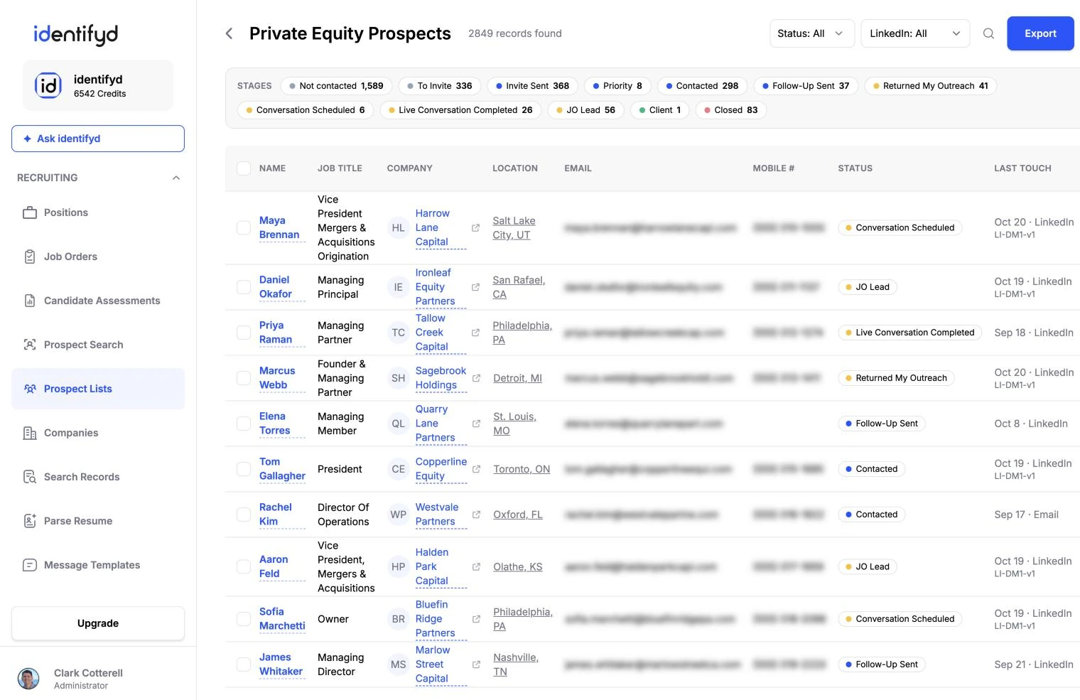 identifyd prospect list with recruiting stages, last touch and LinkedIn connection columns, with sample data