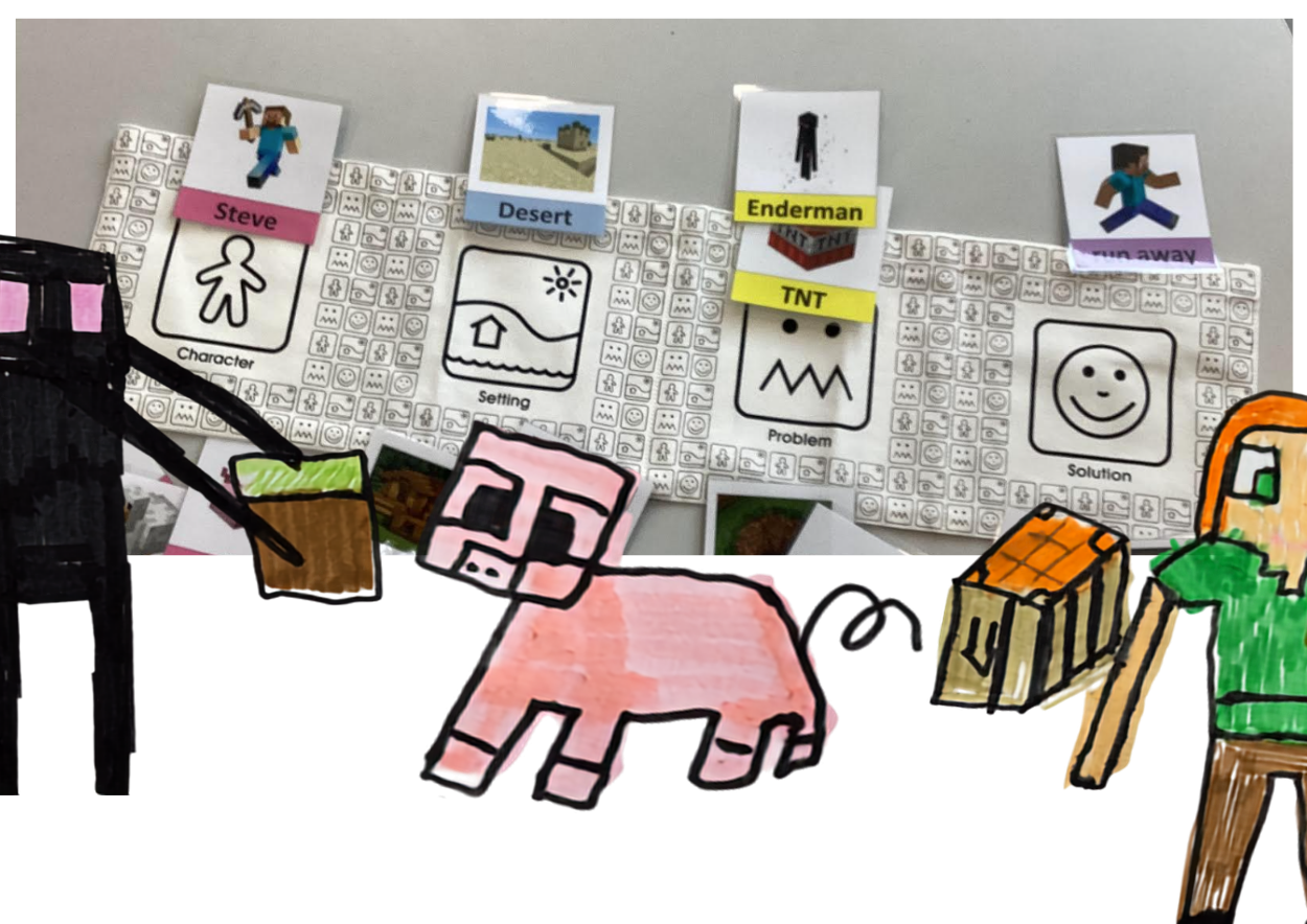 A white Tales Toolkit story strip with visual cards showing Minecraft character Steve, a desert setting, an Enderman problem, and a solution card. Framed with some handdrawn minecraft characters