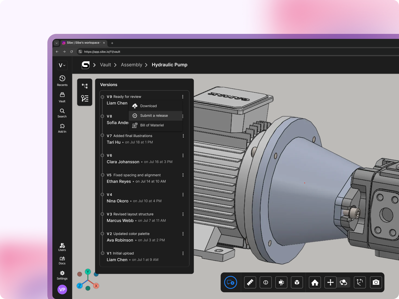 Version control for SolidWorks files with the submit release option in Sibe for approved release control.