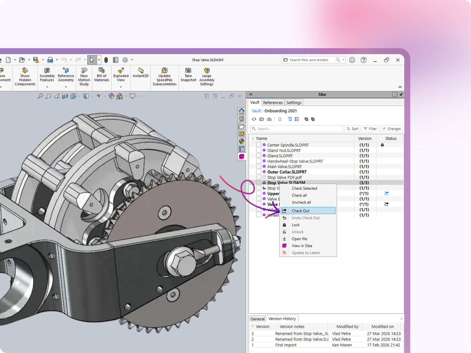checkout from solidworks to prevent overwrites on your CAD Design