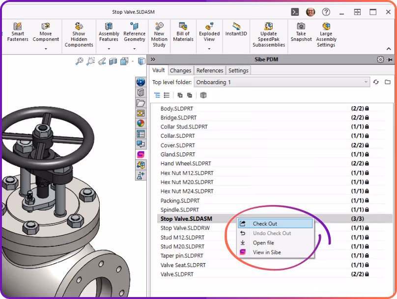 Engineer checking out a SolidWorks file from the Sibe add-in to prevent overwrites