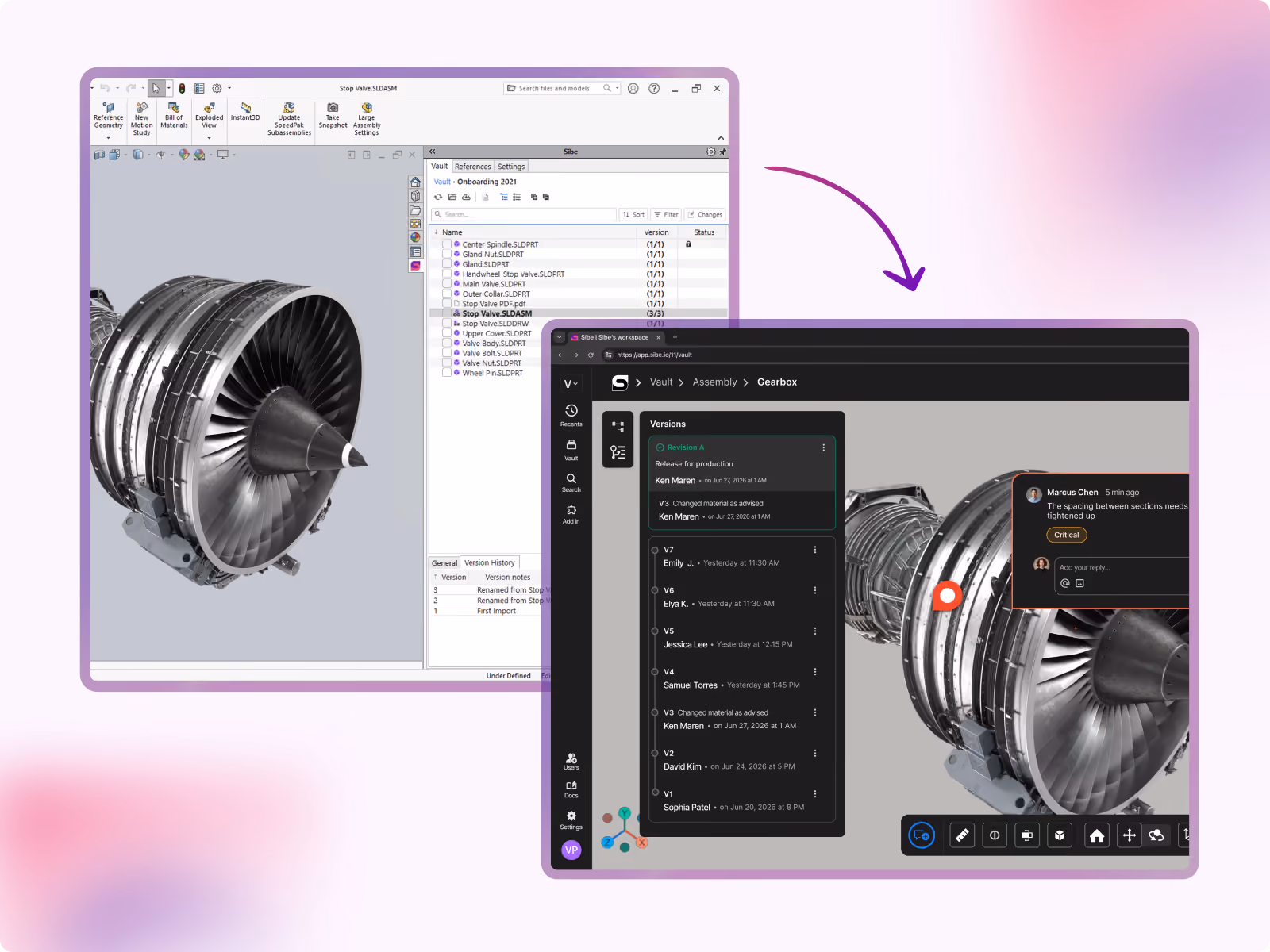 SolidWorks model with Sibe showing a version history panel listing file versions, change authors, timestamps, and release status after check‑ins