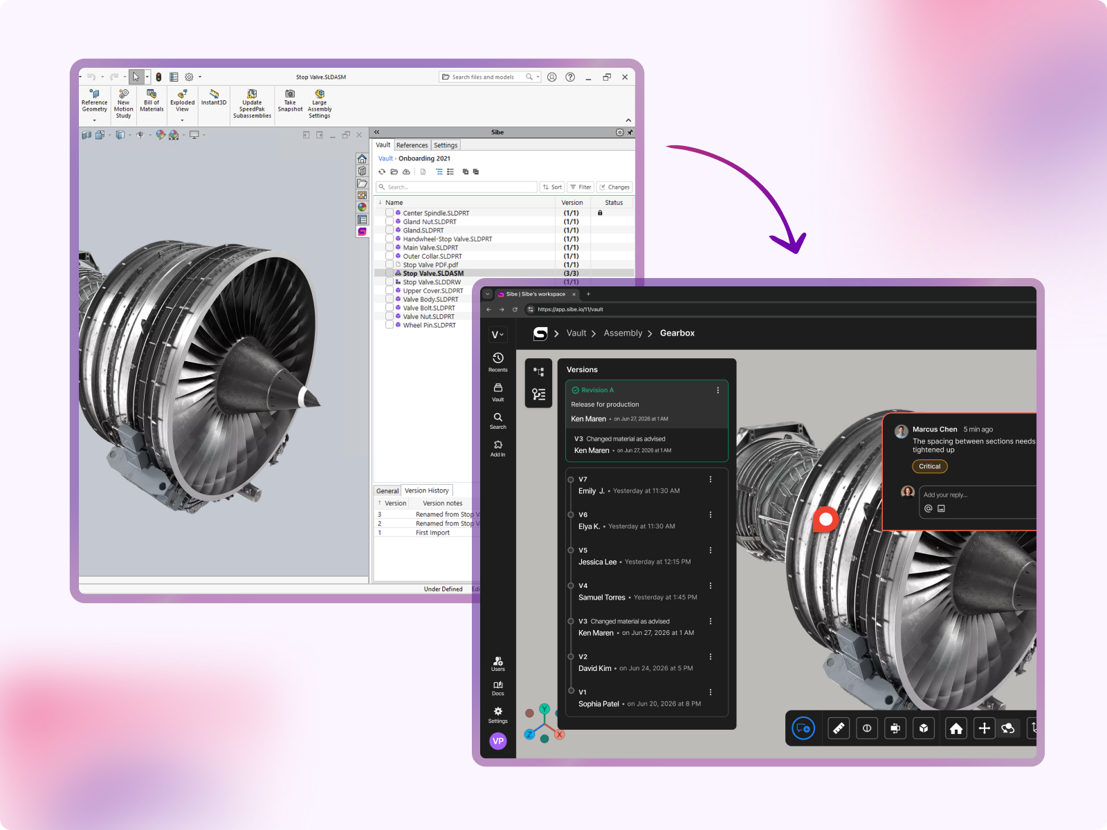 SolidWorks model with Sibe showing a version history panel listing file versions, change authors, timestamps, and release status after check‑ins