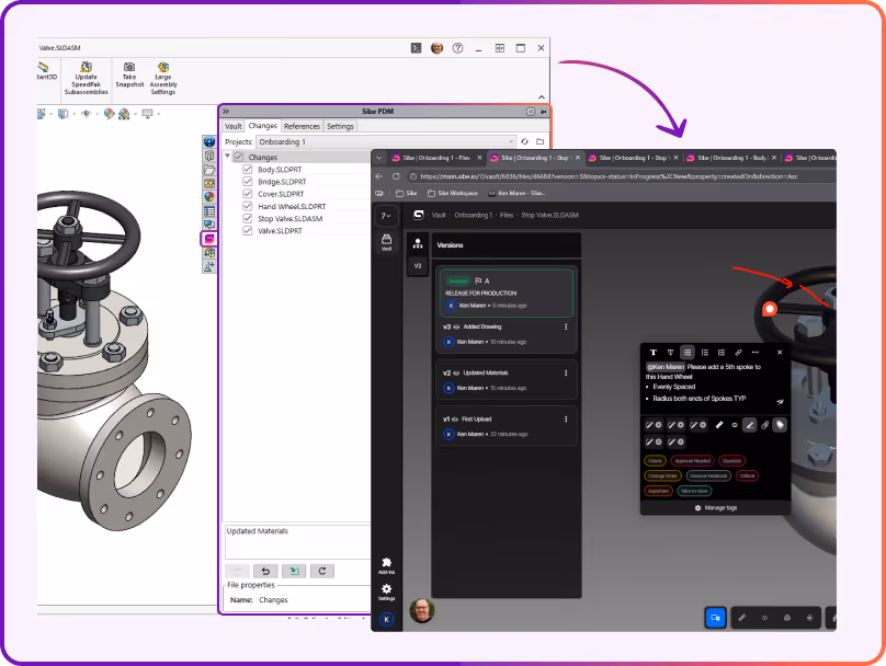 SolidWorks design review open in a web browser with comments pinned to the 3D model