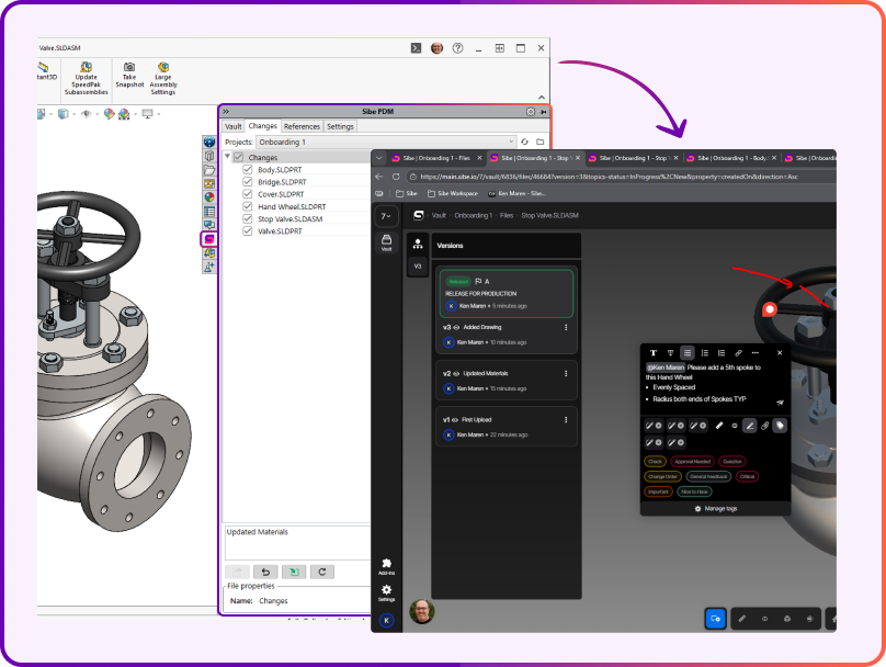 SolidWorks design review open in a web browser with comments pinned to the 3D model