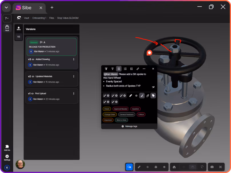 Sibe Cloud PDM workspace showing organized SolidWorks files, versions, and review status