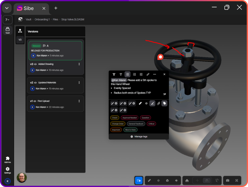 Sibe Cloud PDM workspace showing organized SolidWorks files, versions, and review status