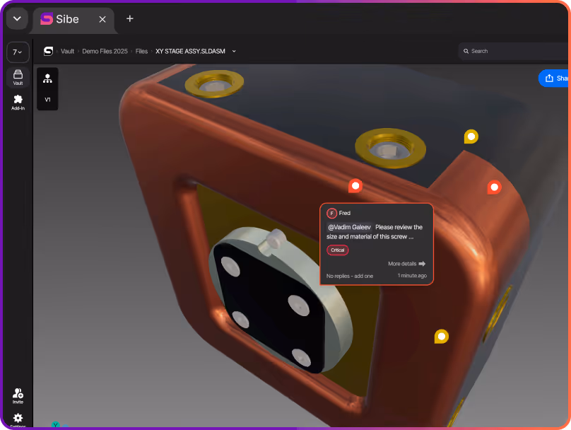 Reviewer leaving a red-line markup and comment on a SolidWorks part in the Sibe browser viewer