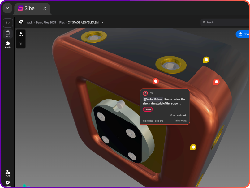 Reviewer leaving a red-line markup and comment on a SolidWorks part in the Sibe browser viewer