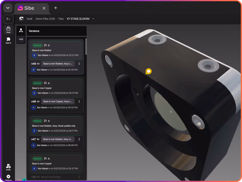 Sibe version history showing every check-in, approval, and locked release for a SolidWorks file