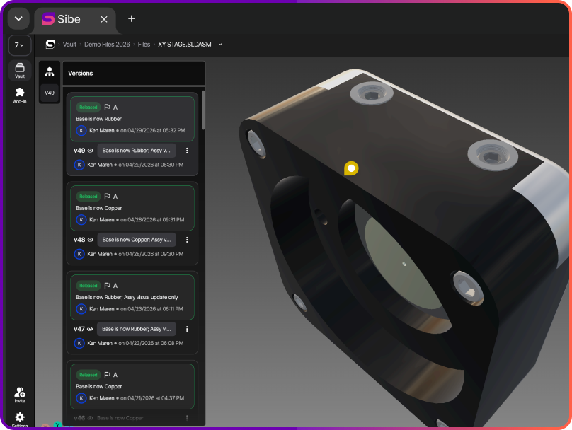 Sibe version history showing every check-in, approval, and locked release for a SolidWorks file