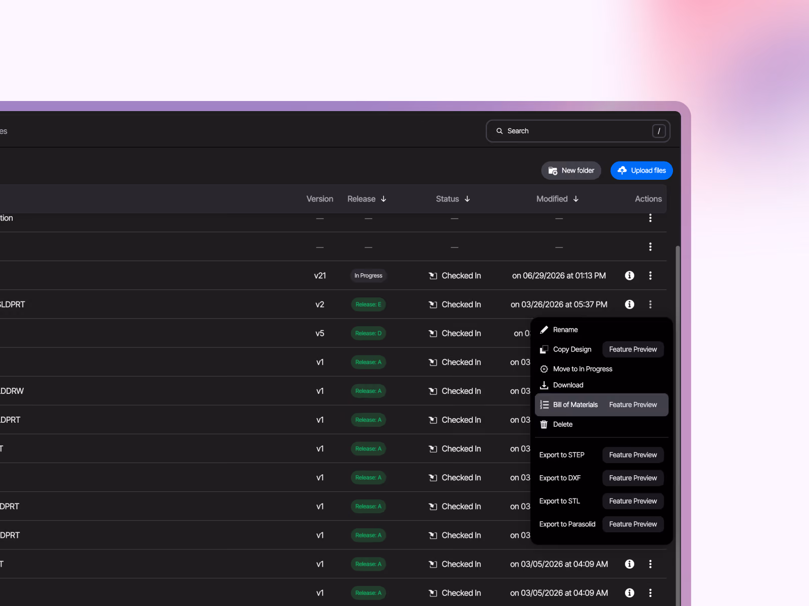 Open BOM: Opening a Bill of Materials from the file actions menu in the Sibe Web Dashboard