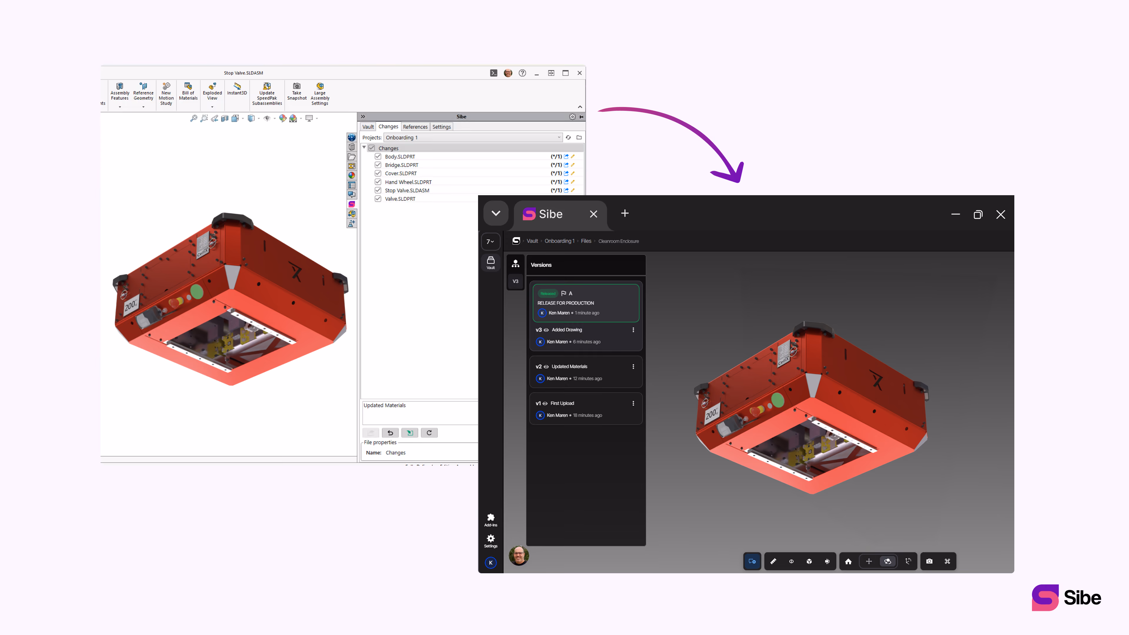Two screenshots showing a red 3D object model in two different software interfaces, connected by a purple arrow indicating workflow or data transfer. The left screenshot has a white background and toolbars typical of CAD software, while the right screenshot shows the same object with a dark-themed interface labeled 'Sibe' featuring version control options.
