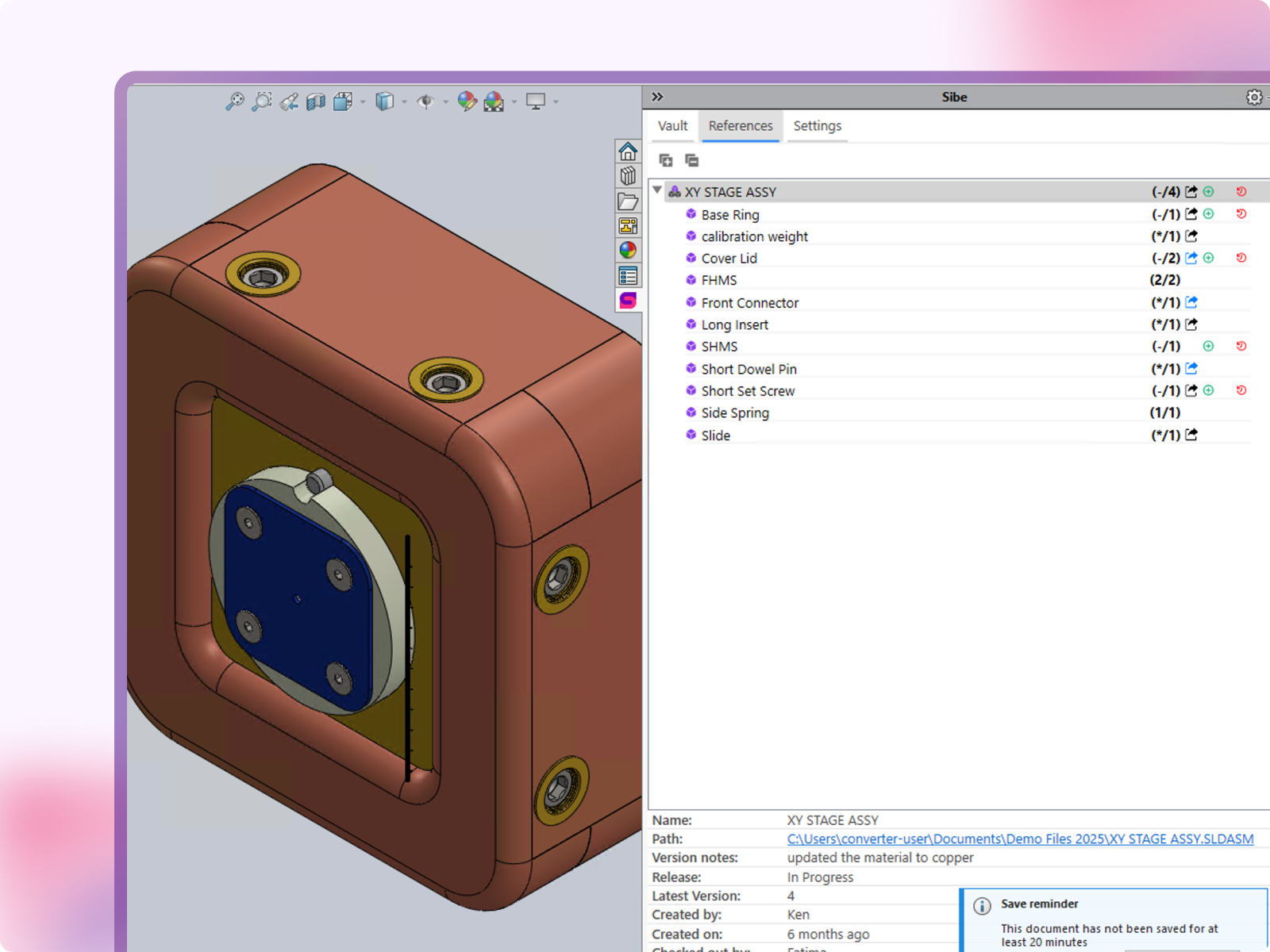 References tab in the Sibe add-in for SolidWorks showing an assembly's dependency tree