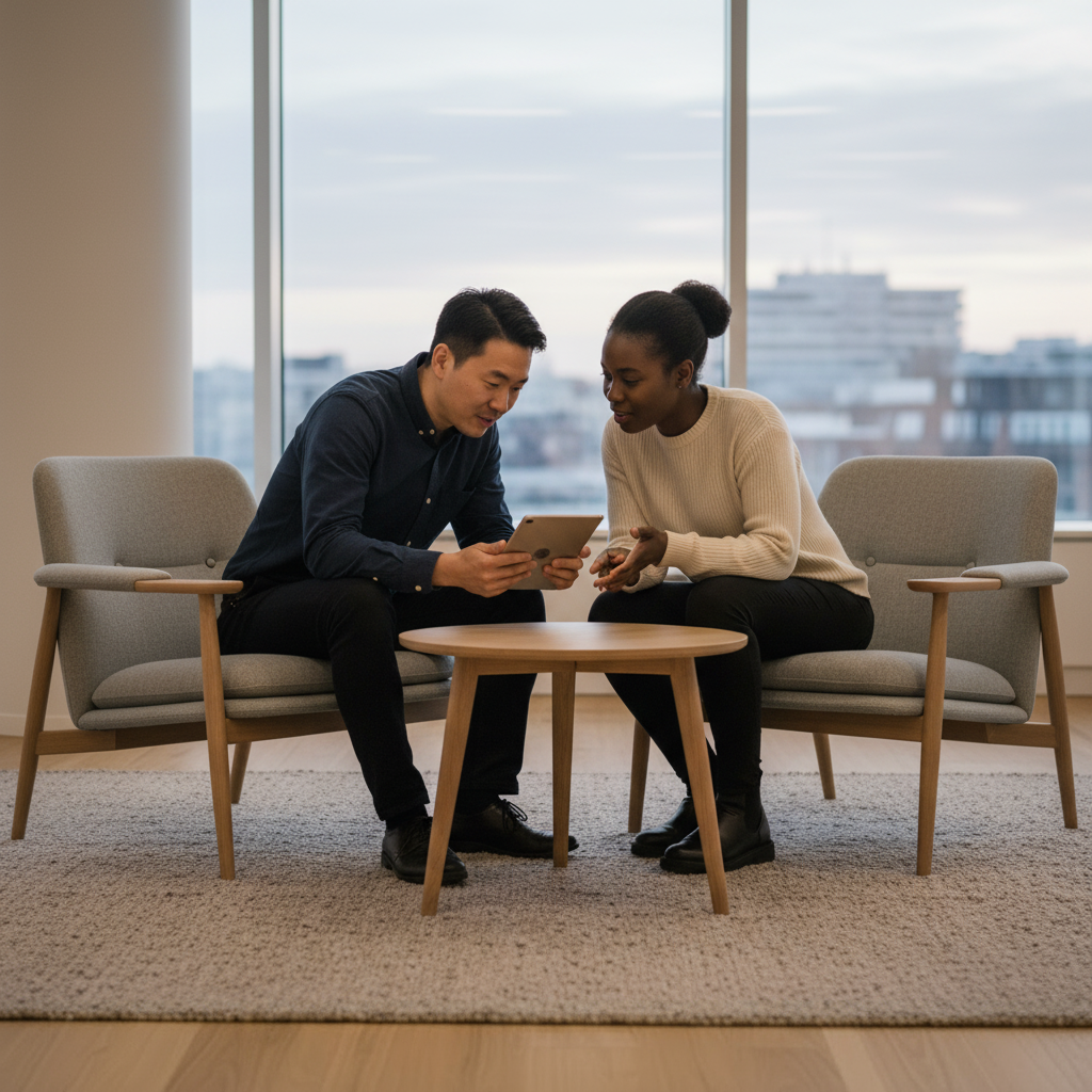 2 people looking at an application on a table