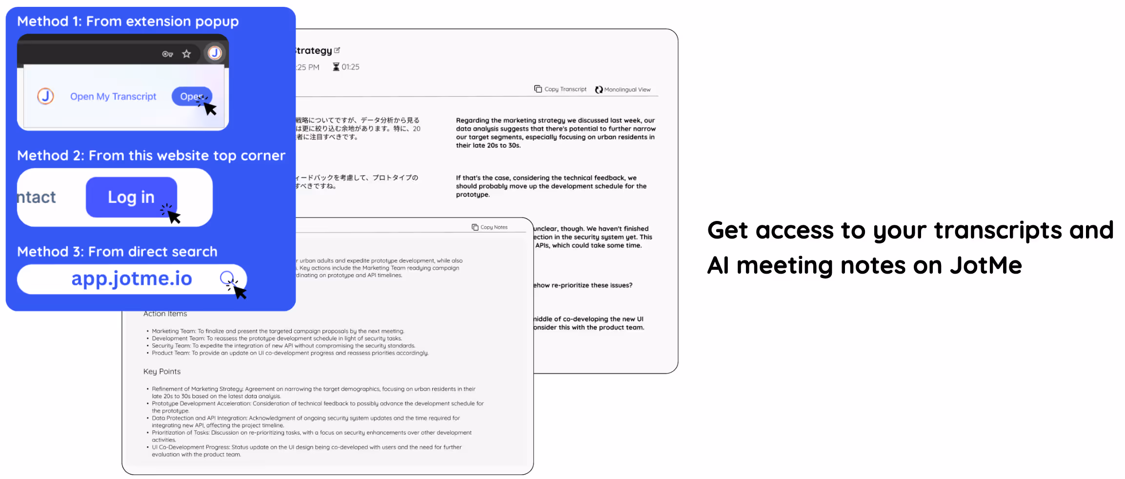 How to get access to transcripts and AI meeting notes on JotMe dashboard