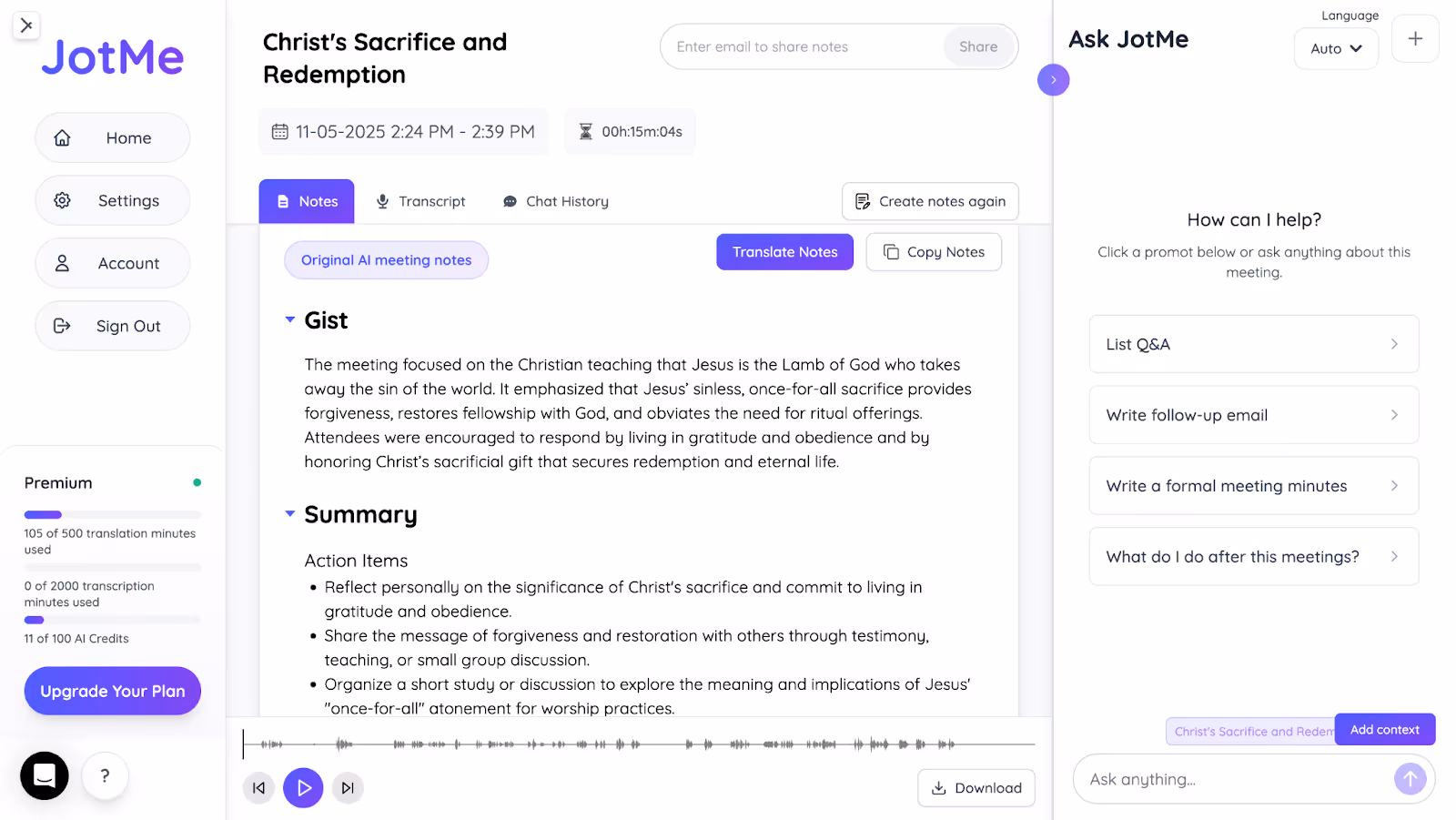jotme ai meeting notes and summary