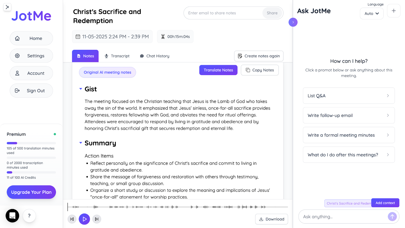 jotme ai meeting notes and summary