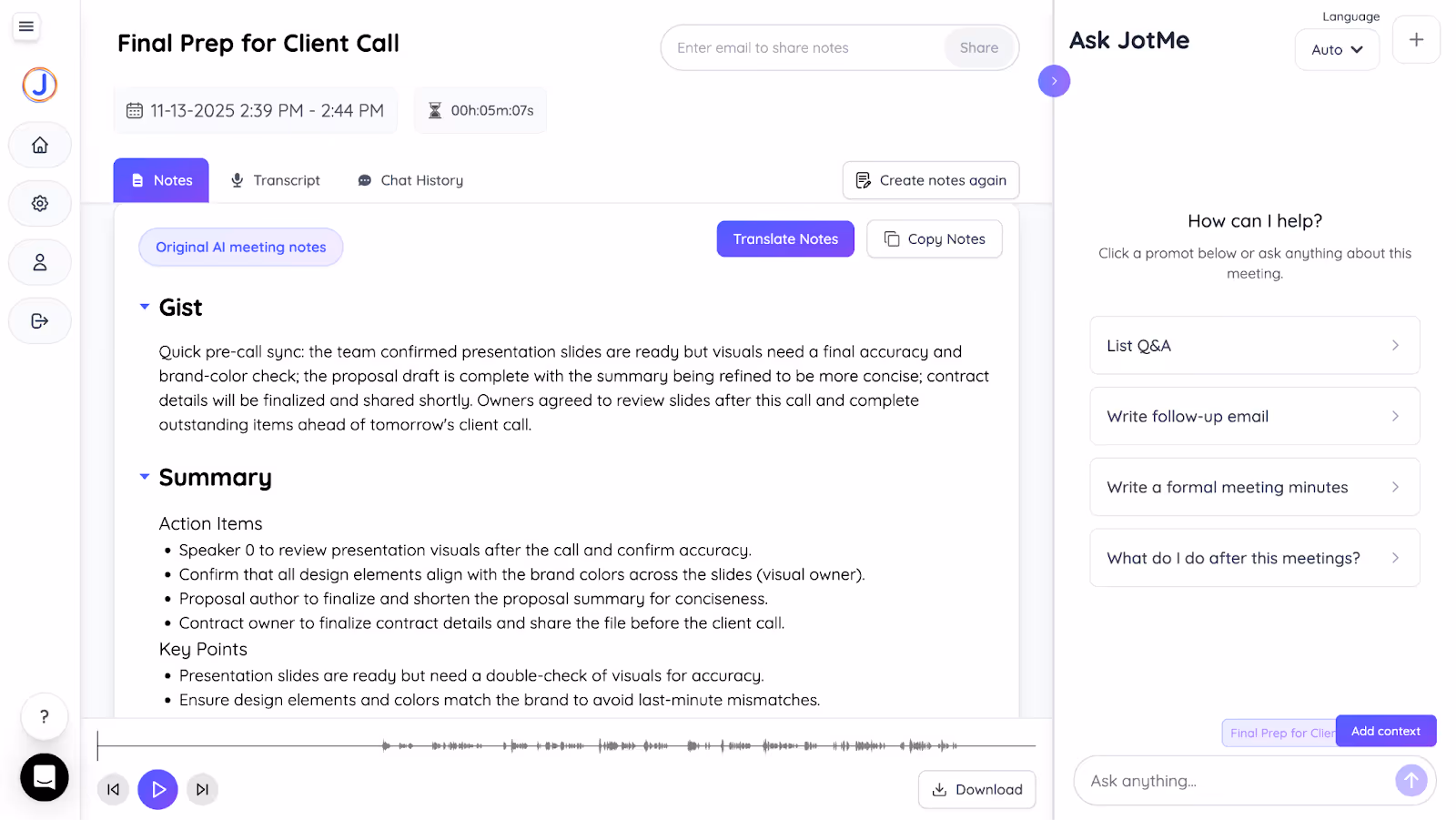 jotme ai meeting notes and summary