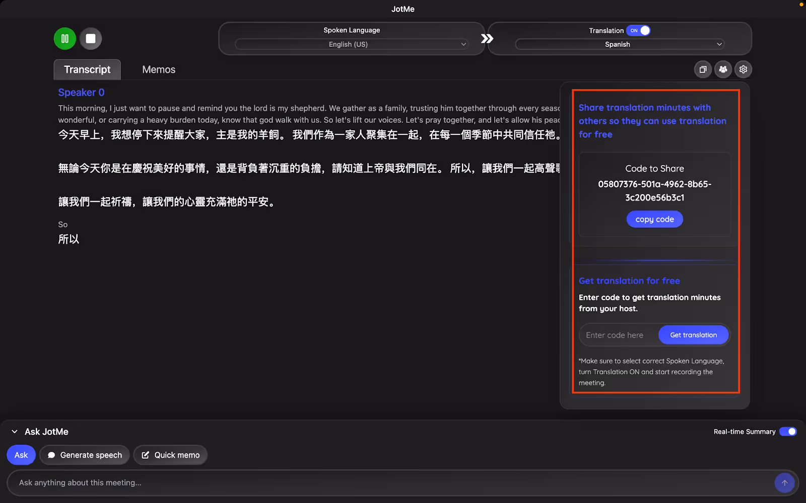 jotme share translation minutes