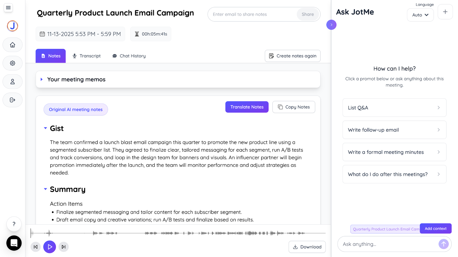 jotme ai notes and summary
