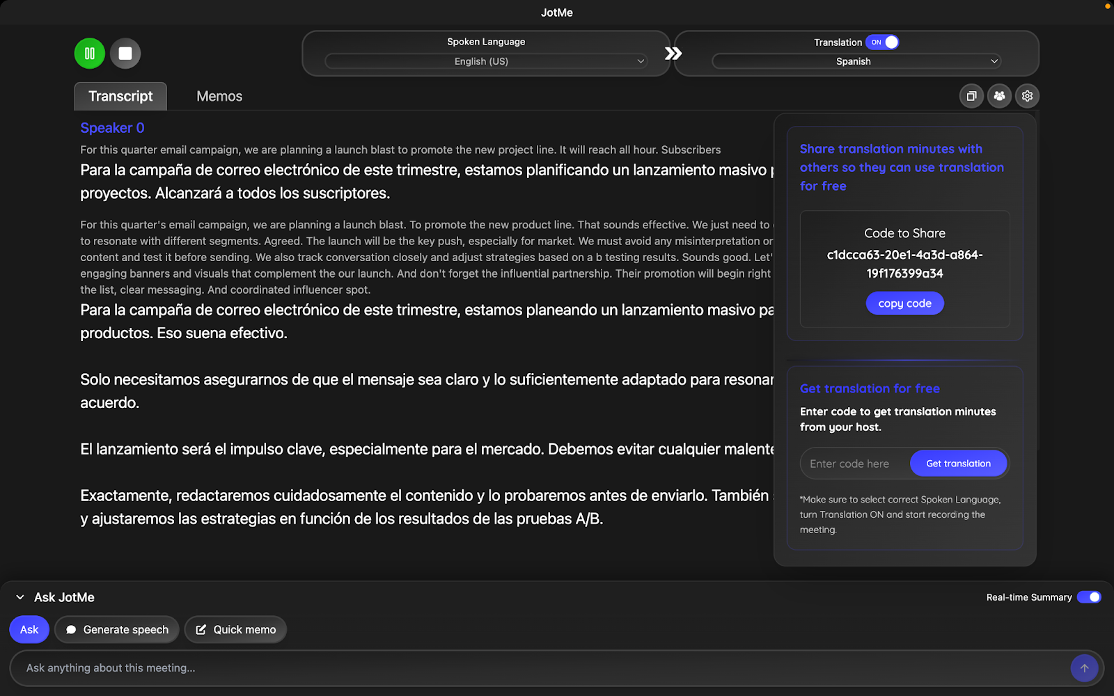 jotme share translation minutes