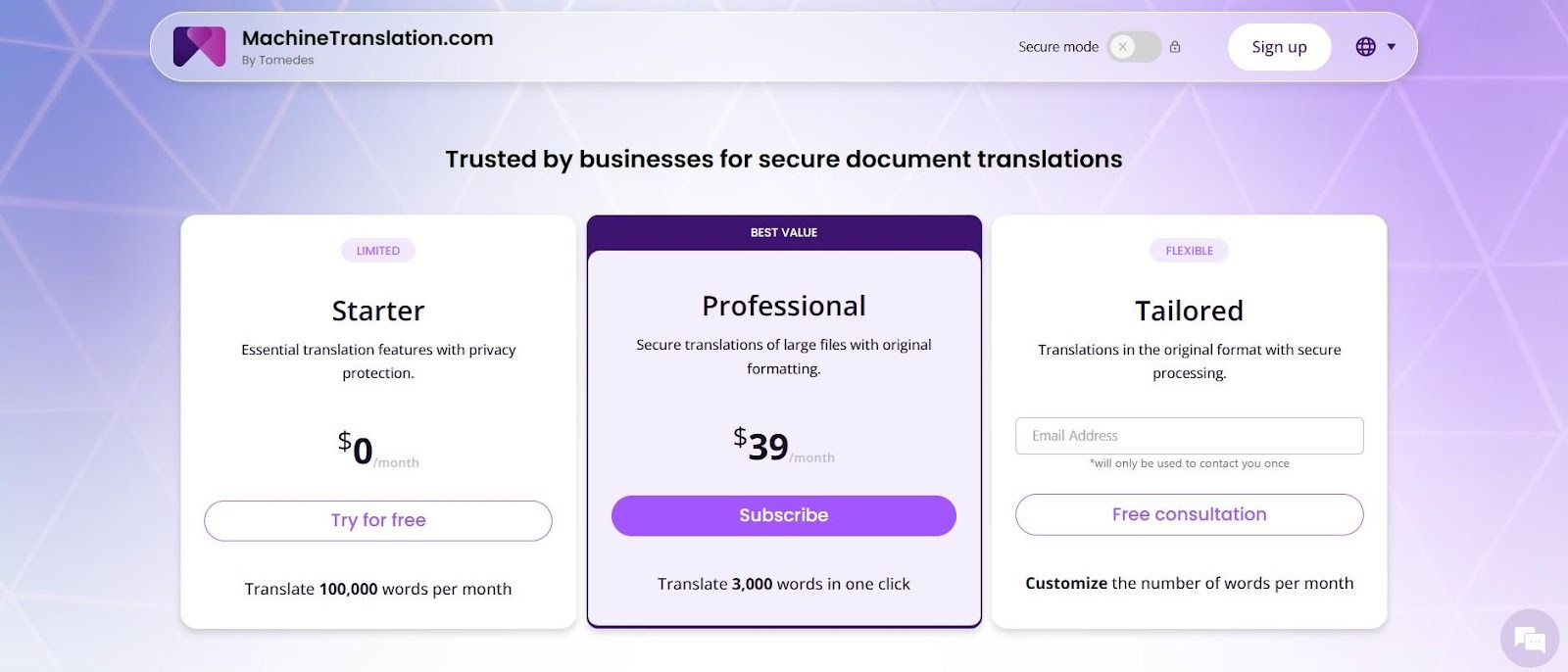 machinetranslation pricing plan