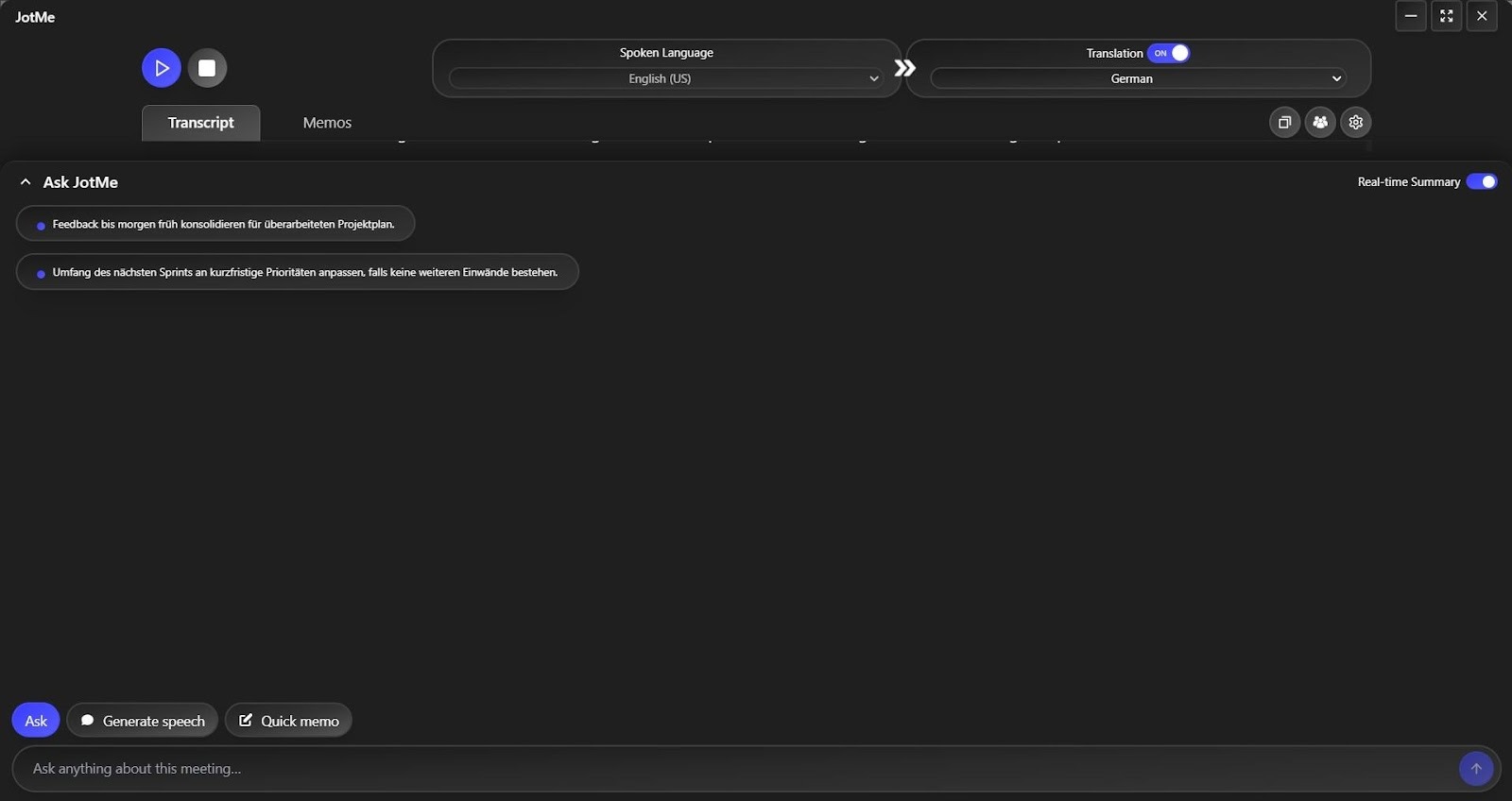 real time summary of jotme