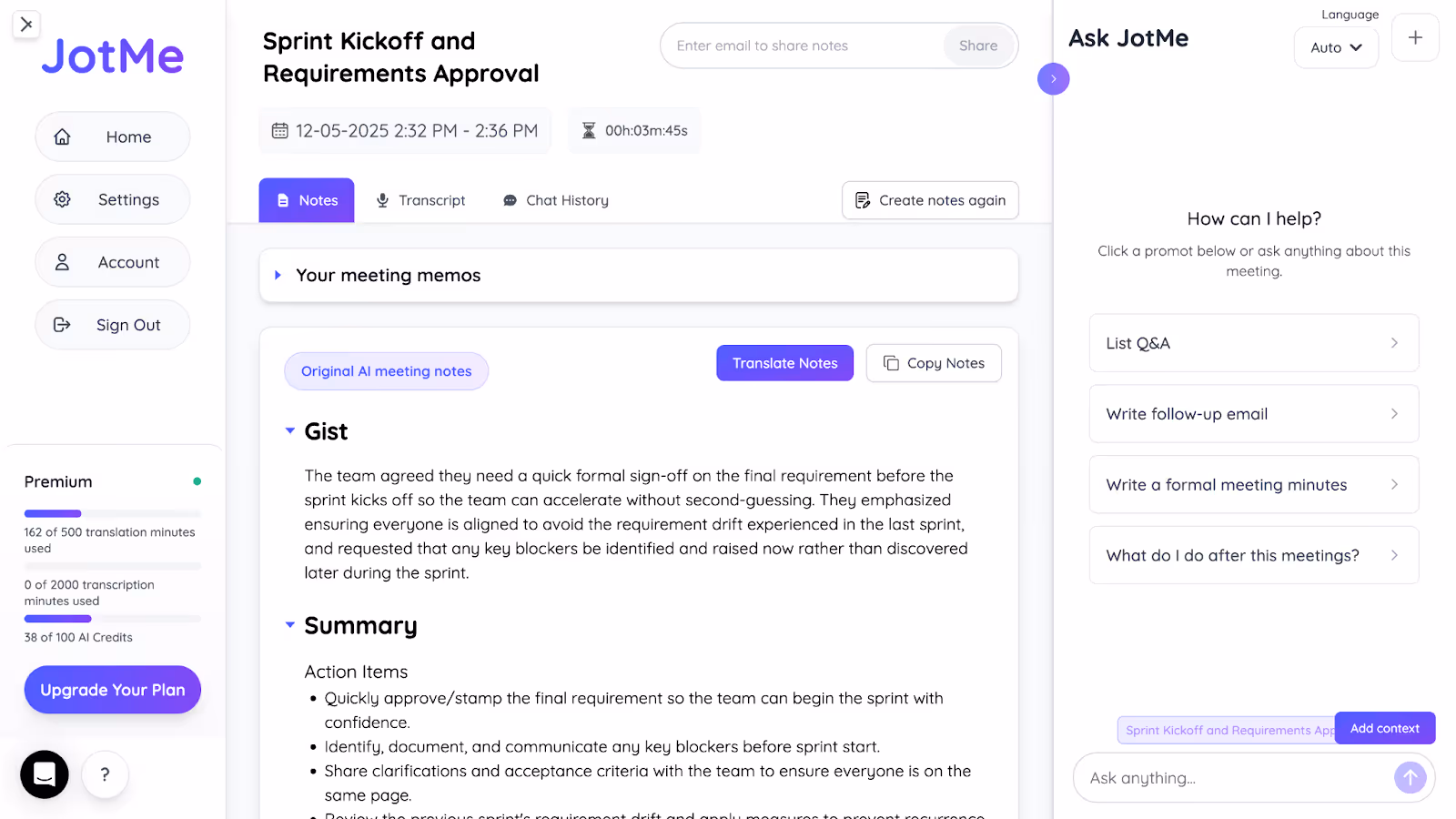 jotme post meeting summary