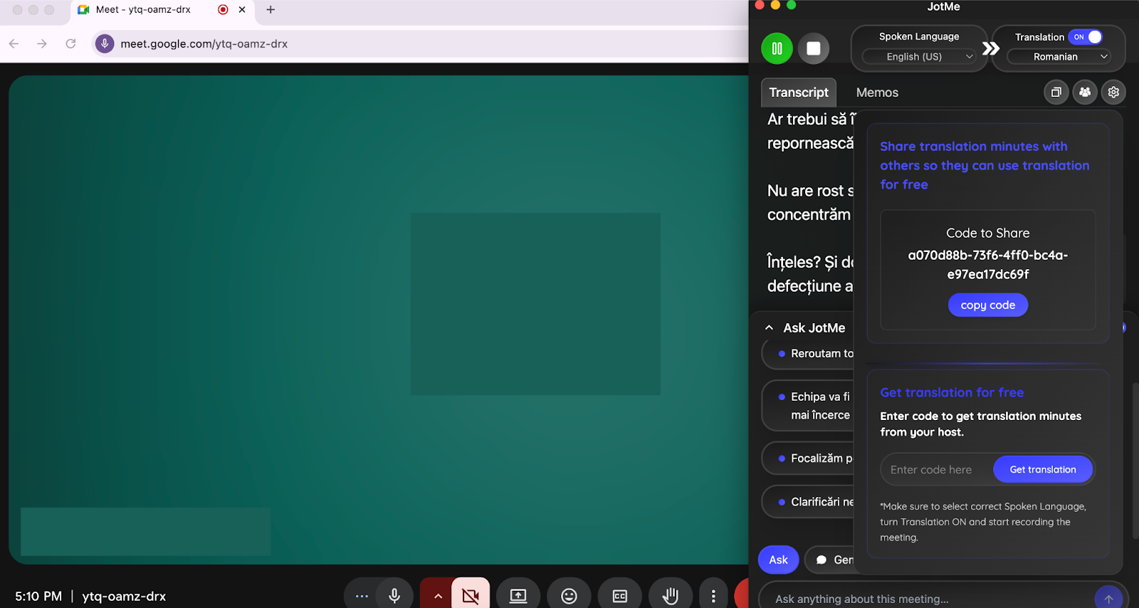 jotme sharing translation minutes