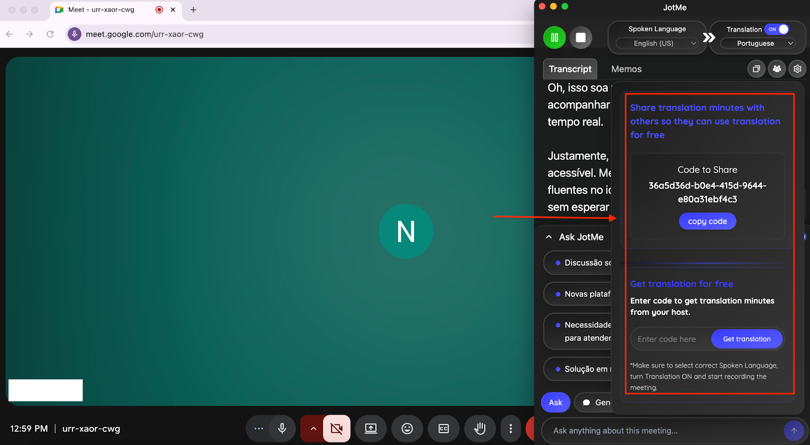 jotme sharing translation minutes