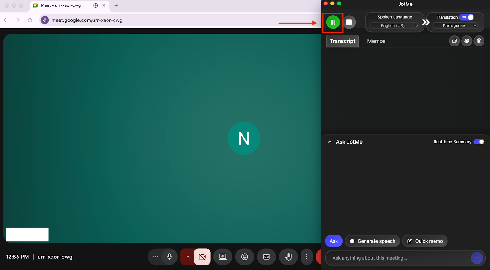 jotme press play and start translation