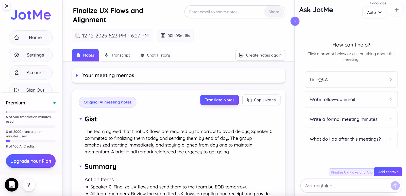 jotme post meeting notes