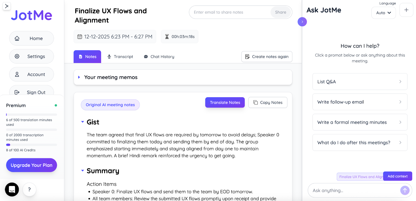 jotme post meeting notes