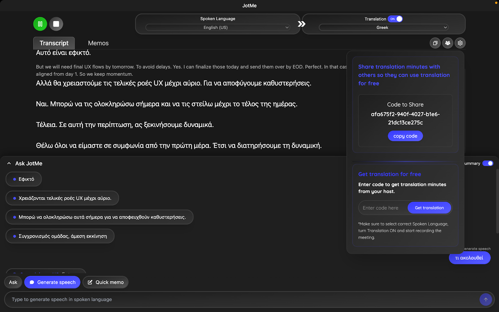 jotme sharing translation minutes