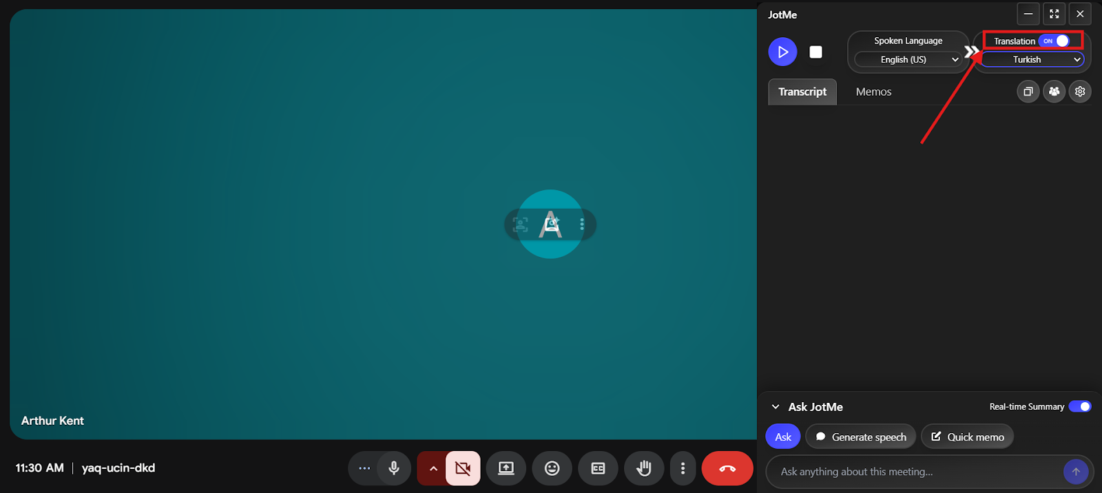 jotme turn on translation