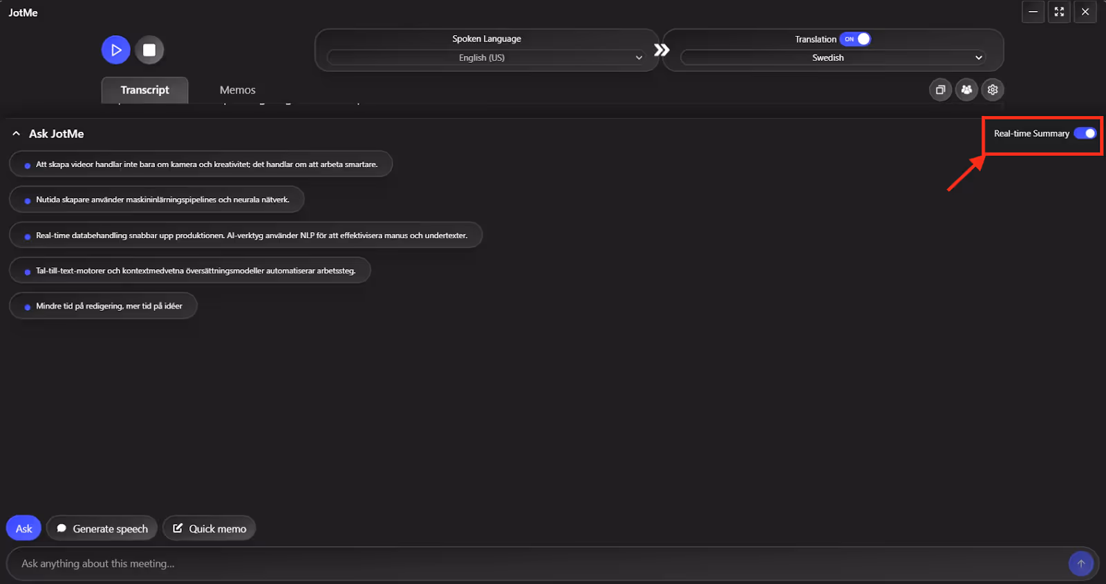 jotme real time summary