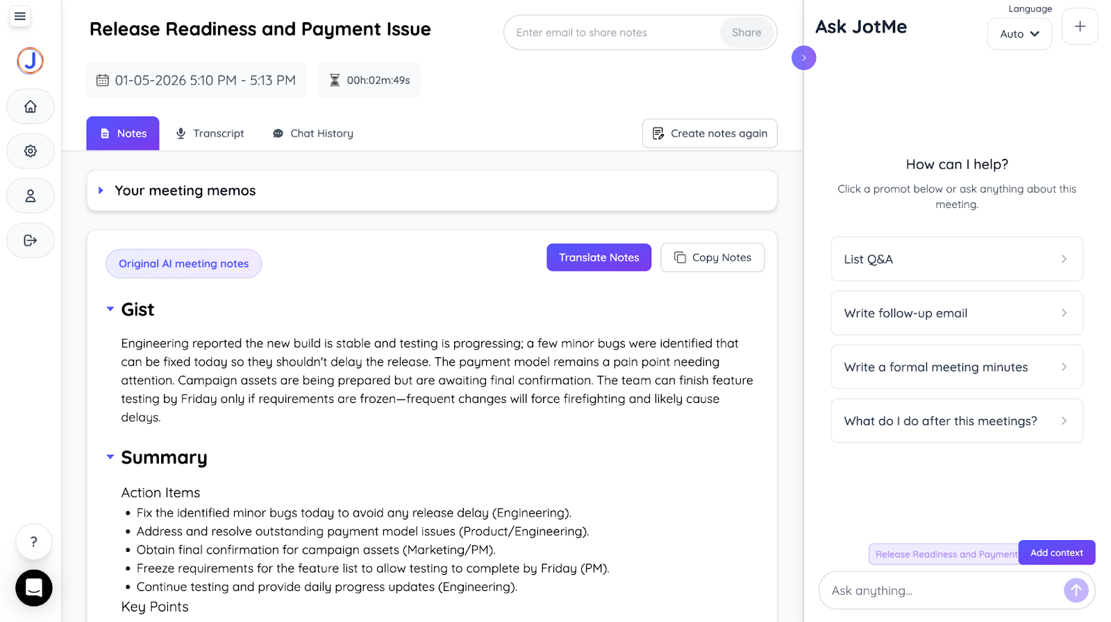 jotme post meeting notes