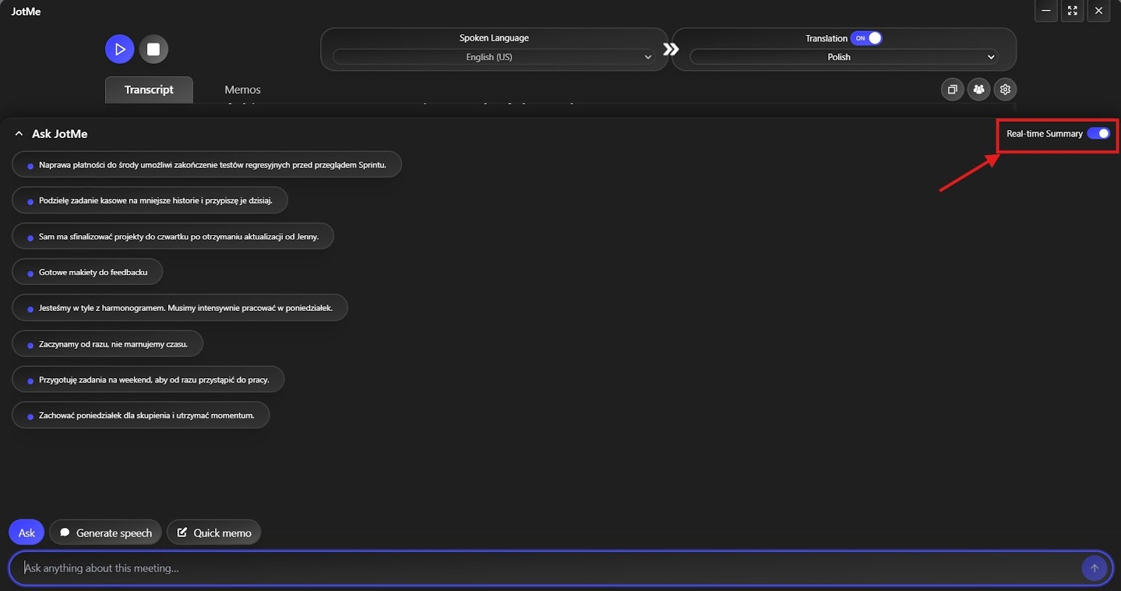 jotme real time summary