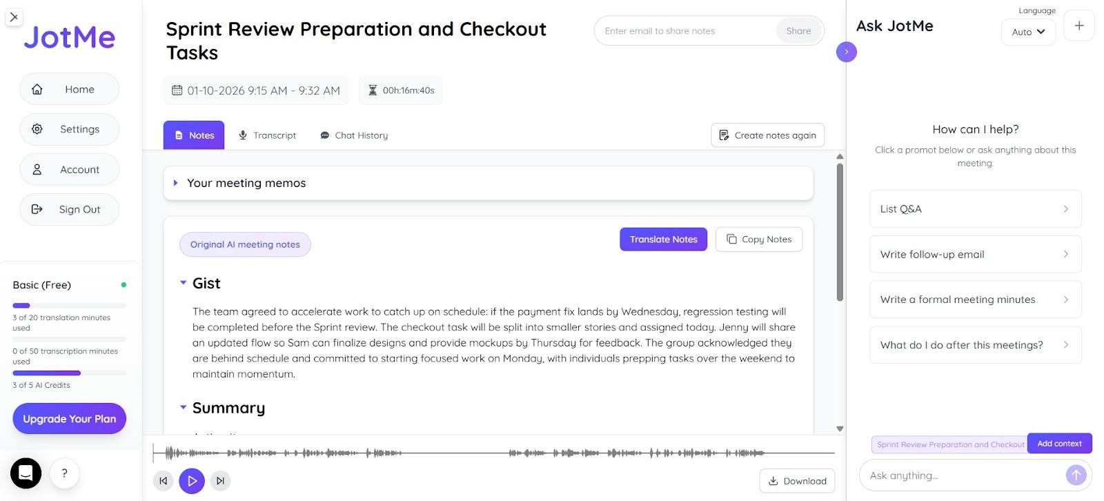 jotme post meeting notes