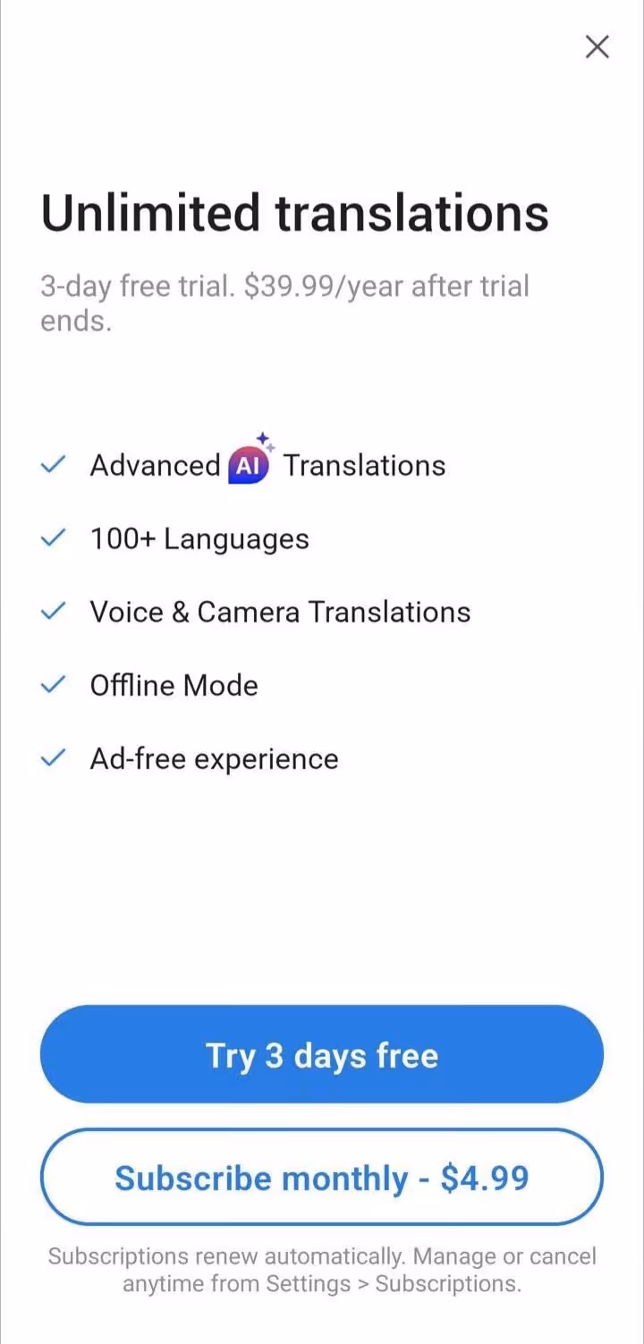 talk and translate ai translator pricing plans