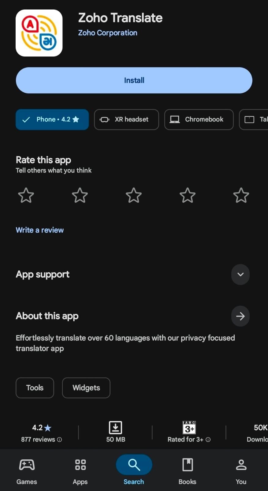 zoho translate app page