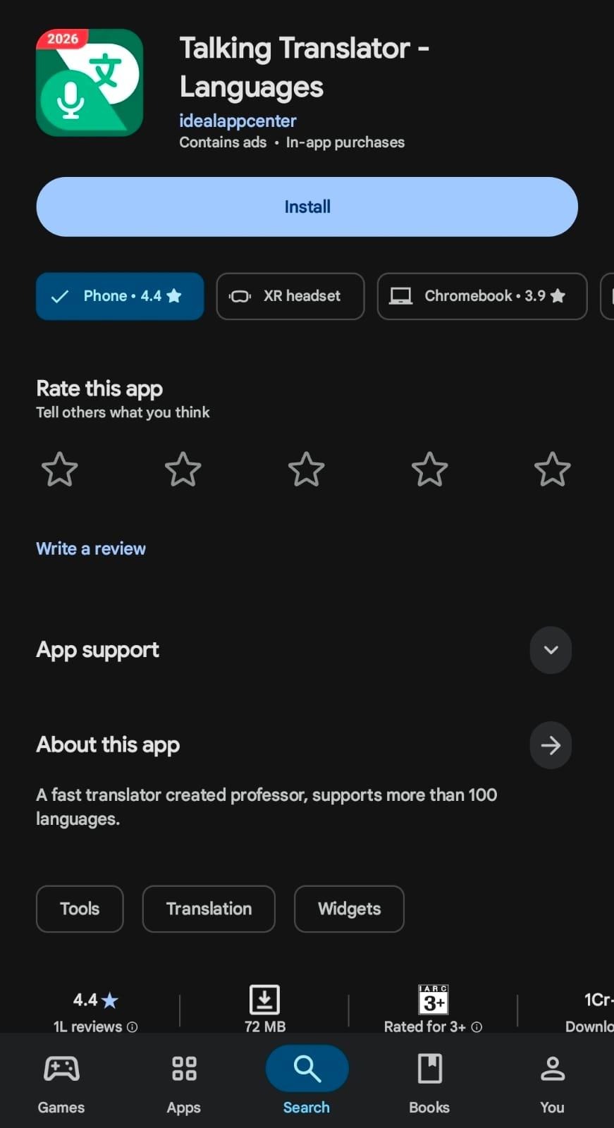 talking translator languages app page