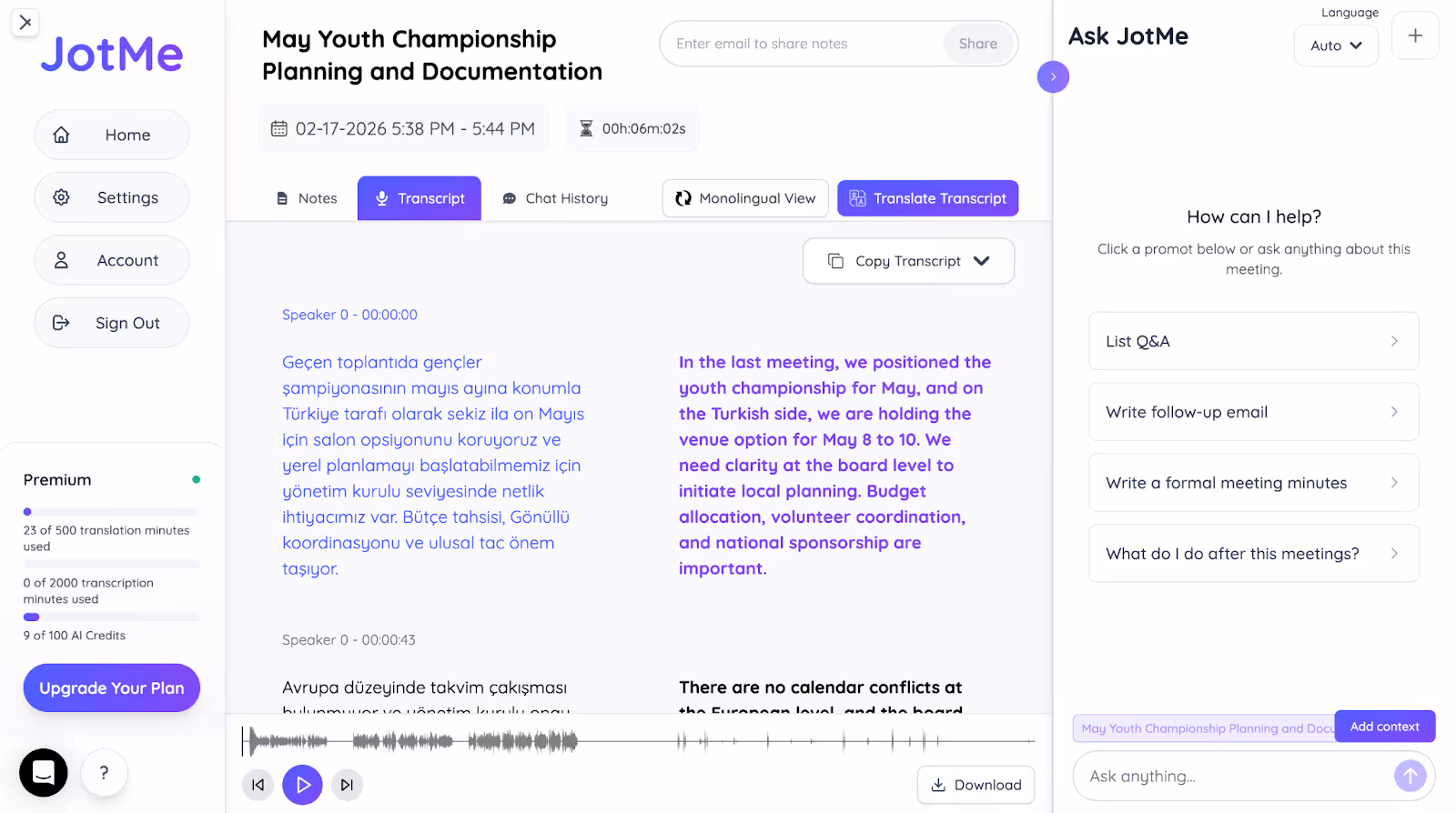 jotme post meeting transcription