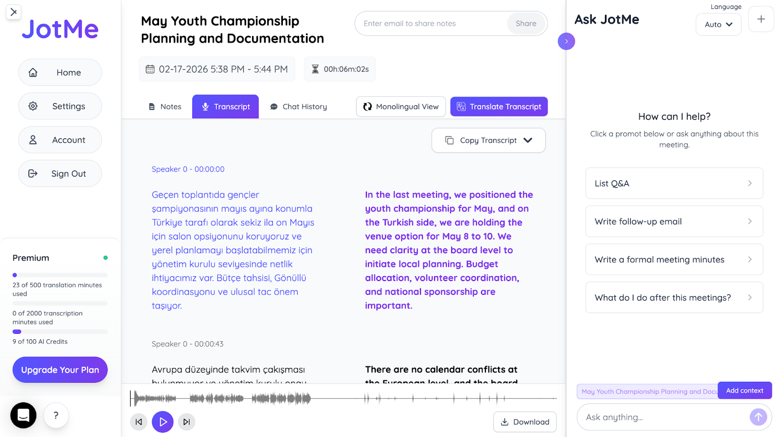 jotme post meeting transcription