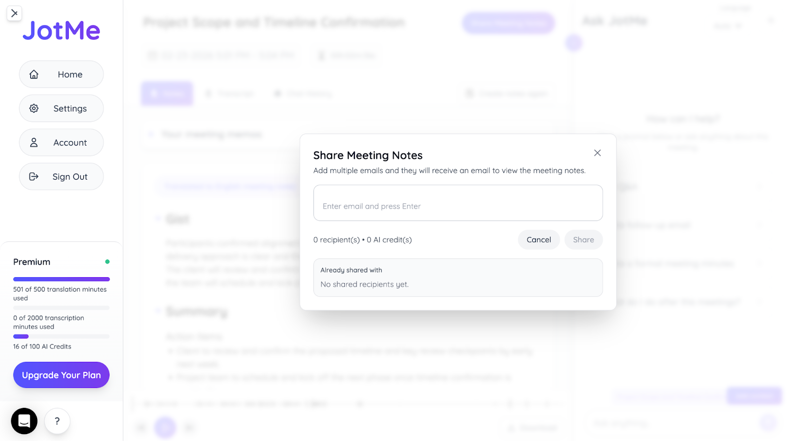 jotme share ai meeting notes