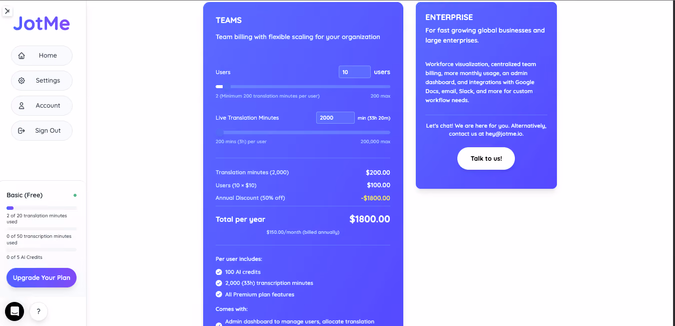 jotme pricing calculator