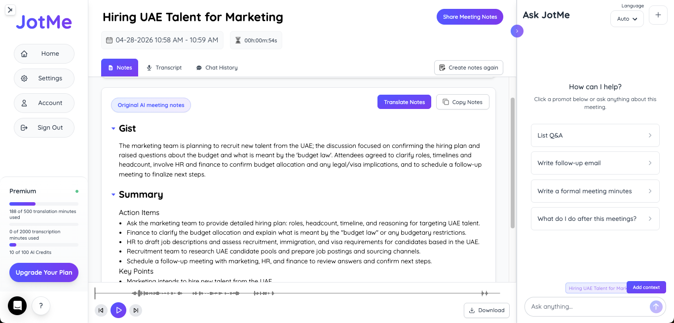 best arabic translator jotme quick meeting summary